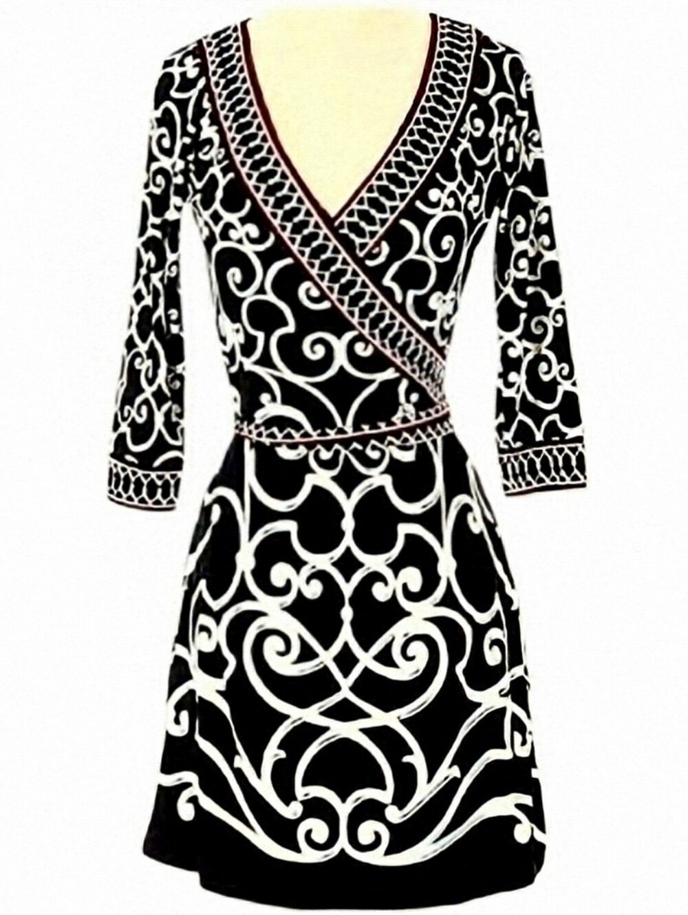 WHBM Faux Wrap V-Neck Belted Sheath Ornate Scroll Midi. Sz. 12
